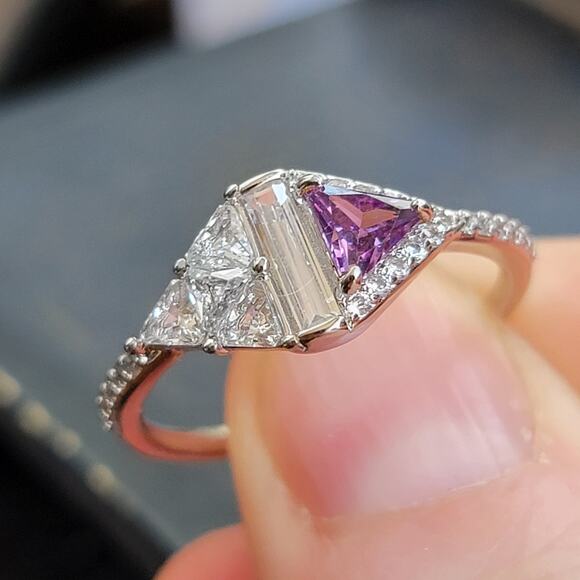 Rhodium Plated Simulated Amethyst and Diamond Ring - Size 9 - Geometric Glamour - Picture 3 of 7